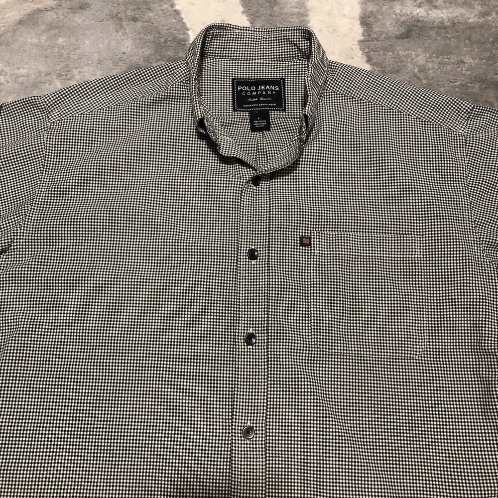 Polo Ralph Lauren Shirt Men Large Gray Houndstooth Jeans Company Plaid Button Up